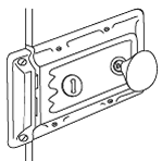 Rim lock with door jamb staple
